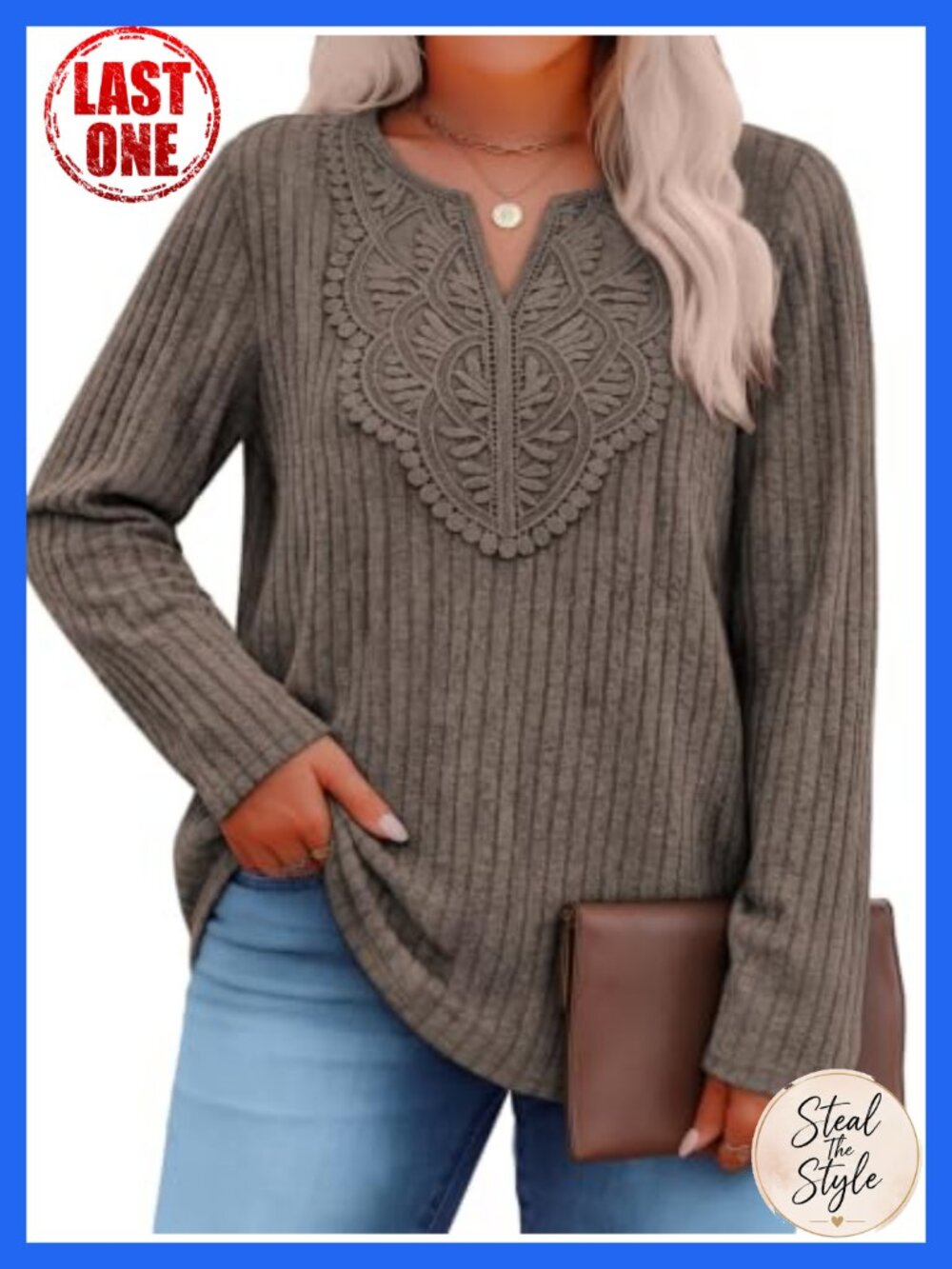 Plus Size Boho Lace V Neck Long Sleeve Tunic Top